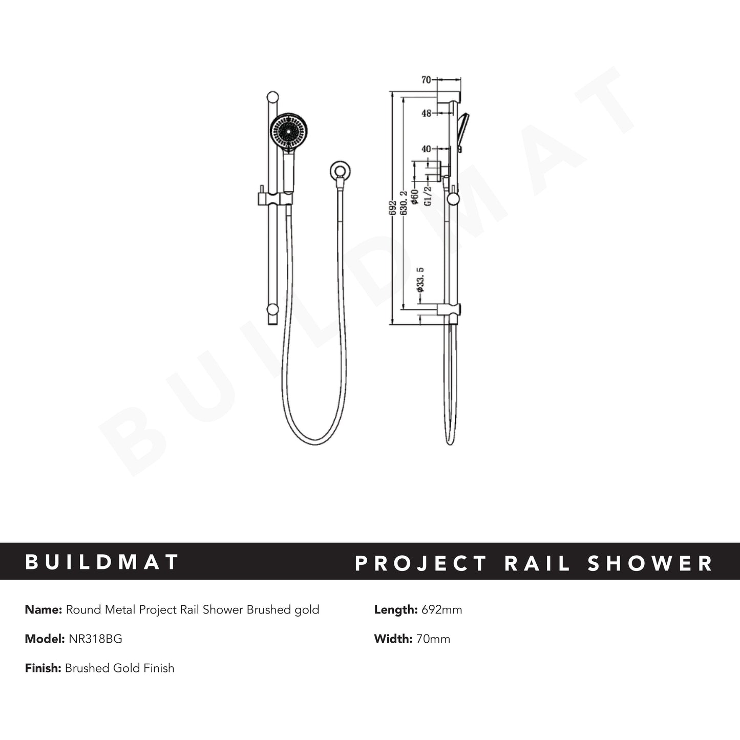 Round Metal Project Rail Shower Brushed Gold