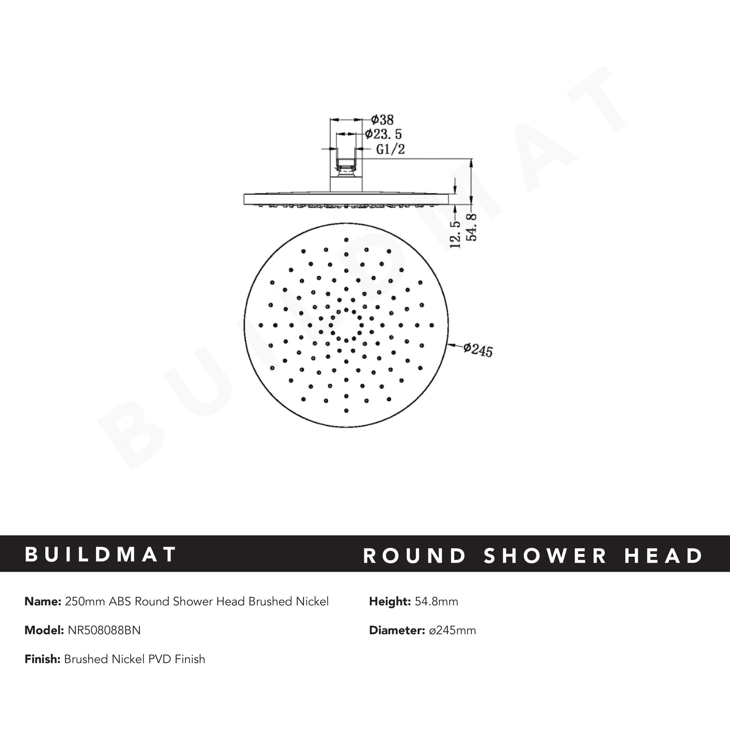 Round ABS Shower Head 250mm Brushed Nickel
