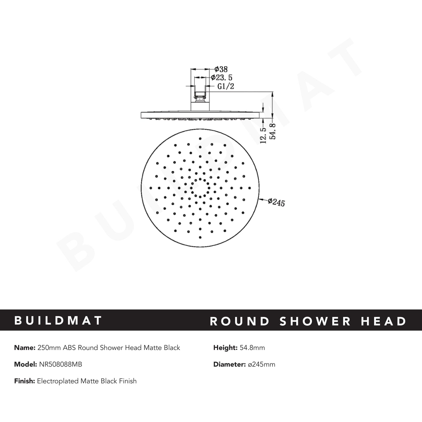 Round ABS Shower Head 250mm Matte Black