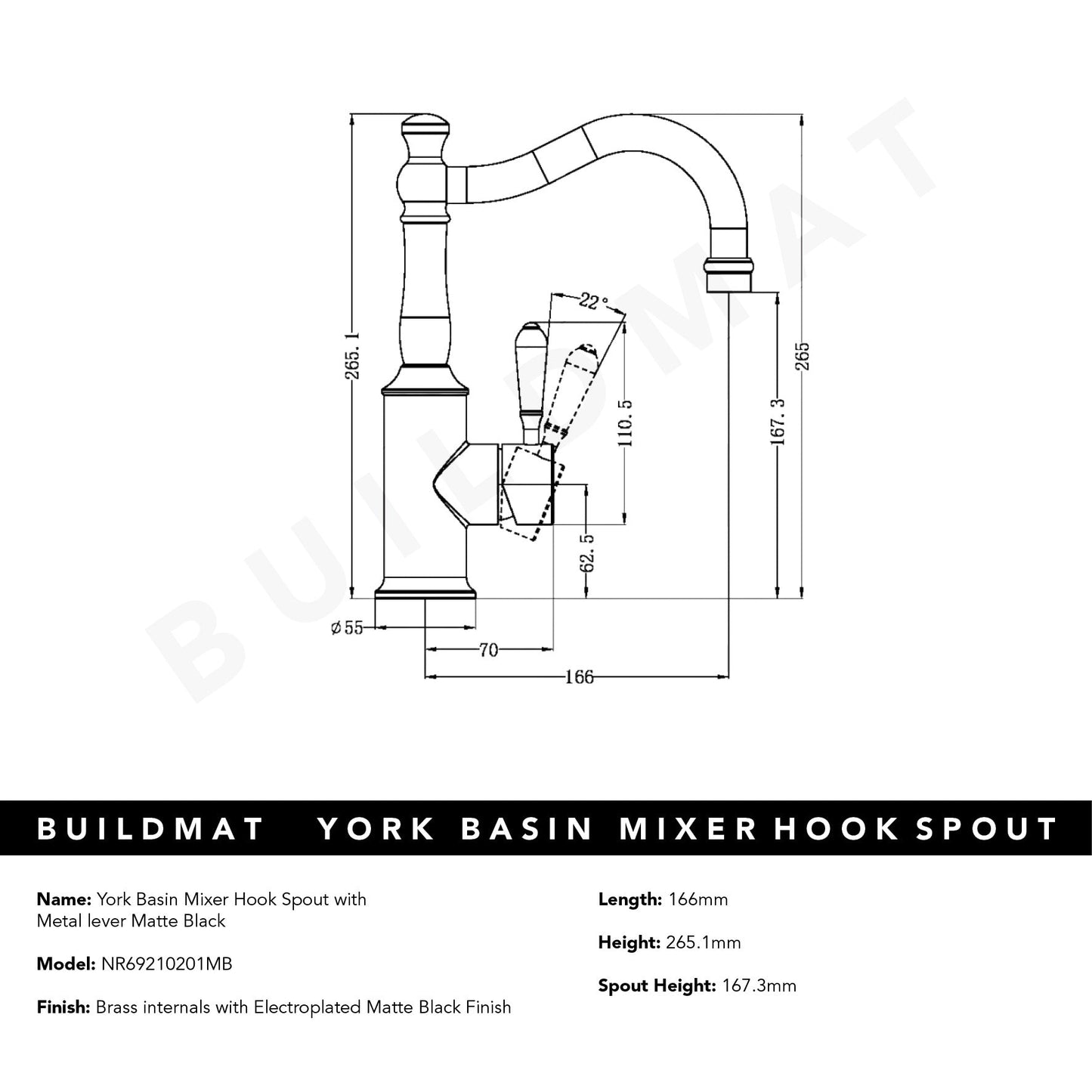 York Basin Mixer Hook Spout with Metal Lever Matte Black