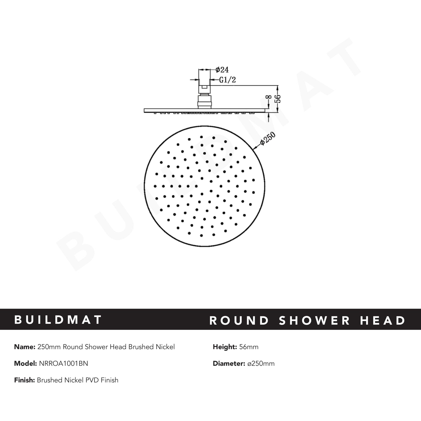 Round Shower Head 250mm Brushed Nickel