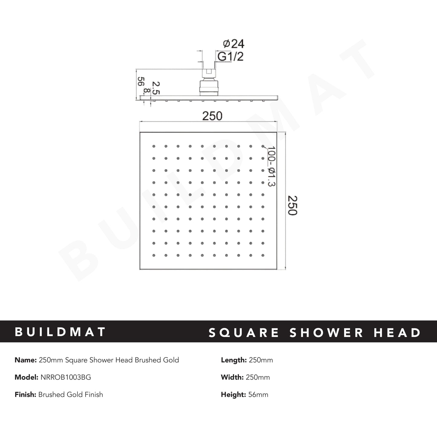 Square Shower Head 250mm Brushed Gold
