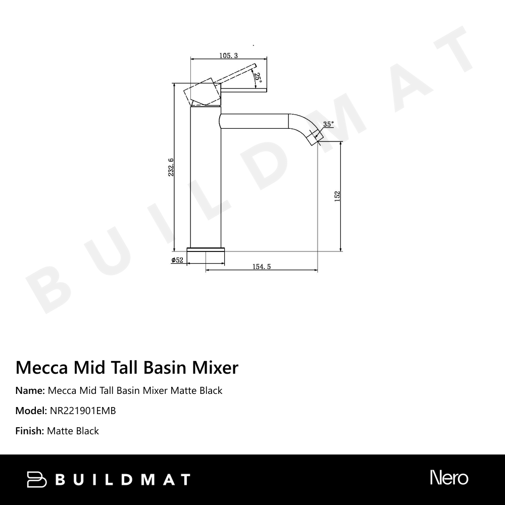 Mecca Mid Tall Basin Mixer Matte Black