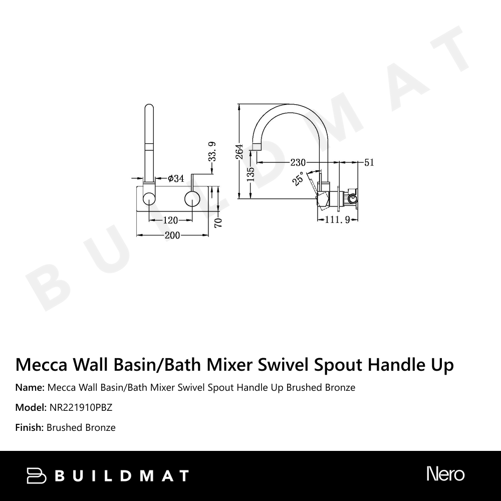 Mecca Wall Basin/Bath Mixer Swivel Spout Handle Up Brushed Bronze