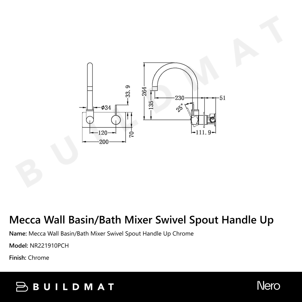 Mecca Wall Basin/Bath Mixer Swivel Spout Handle Up Chrome