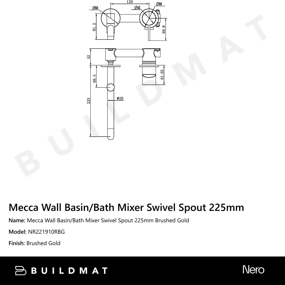 Mecca Wall Basin/Bath Mixer Swivel Spout 225mm Brushed Gold