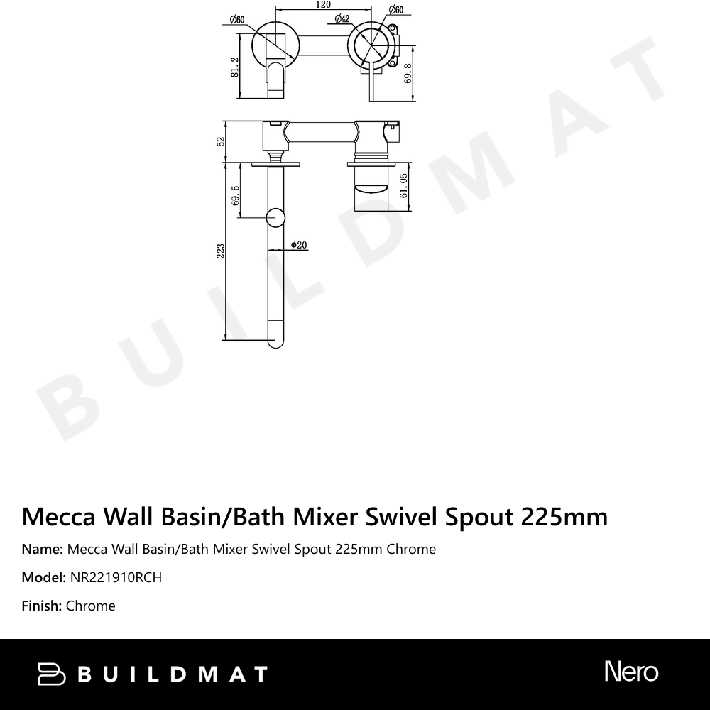 Mecca Wall Basin/Bath Mixer Swivel Spout 225mm Chrome