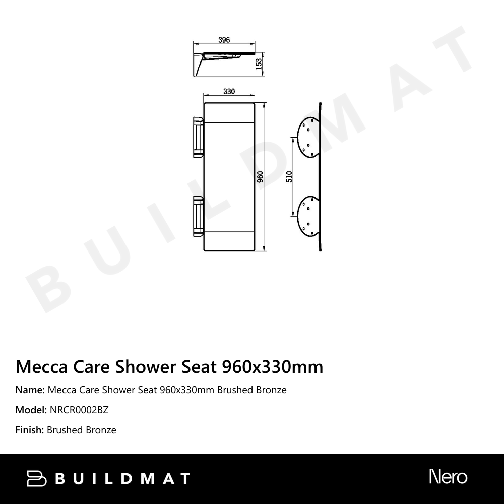 Mecca Care Shower Seat 960x330mm Brushed Bronze