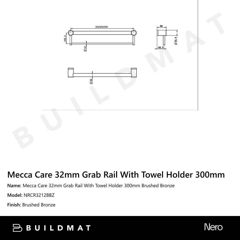 Mecca Care 32mm Grab Rail With Towel Holder 300mm Brushed Bronze