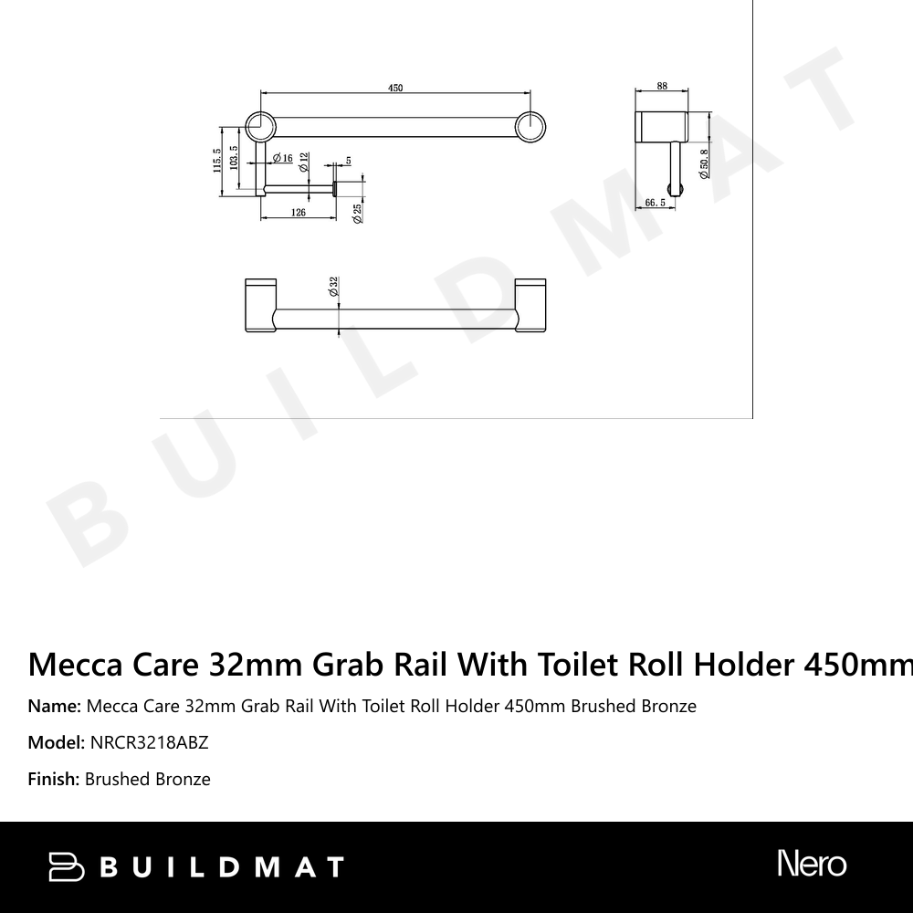 Mecca Care 32mm Grab Rail With Toilet Roll Holder 450mm Brushed Bronze