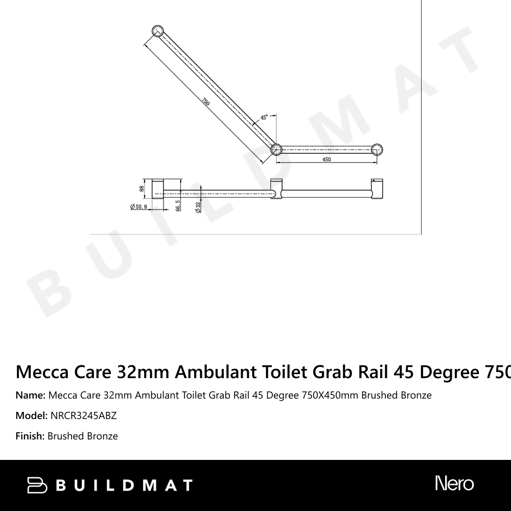 Mecca Care 32mm Ambulant Toilet Grab Rail 45 Degree 750X450mm Brushed Bronze