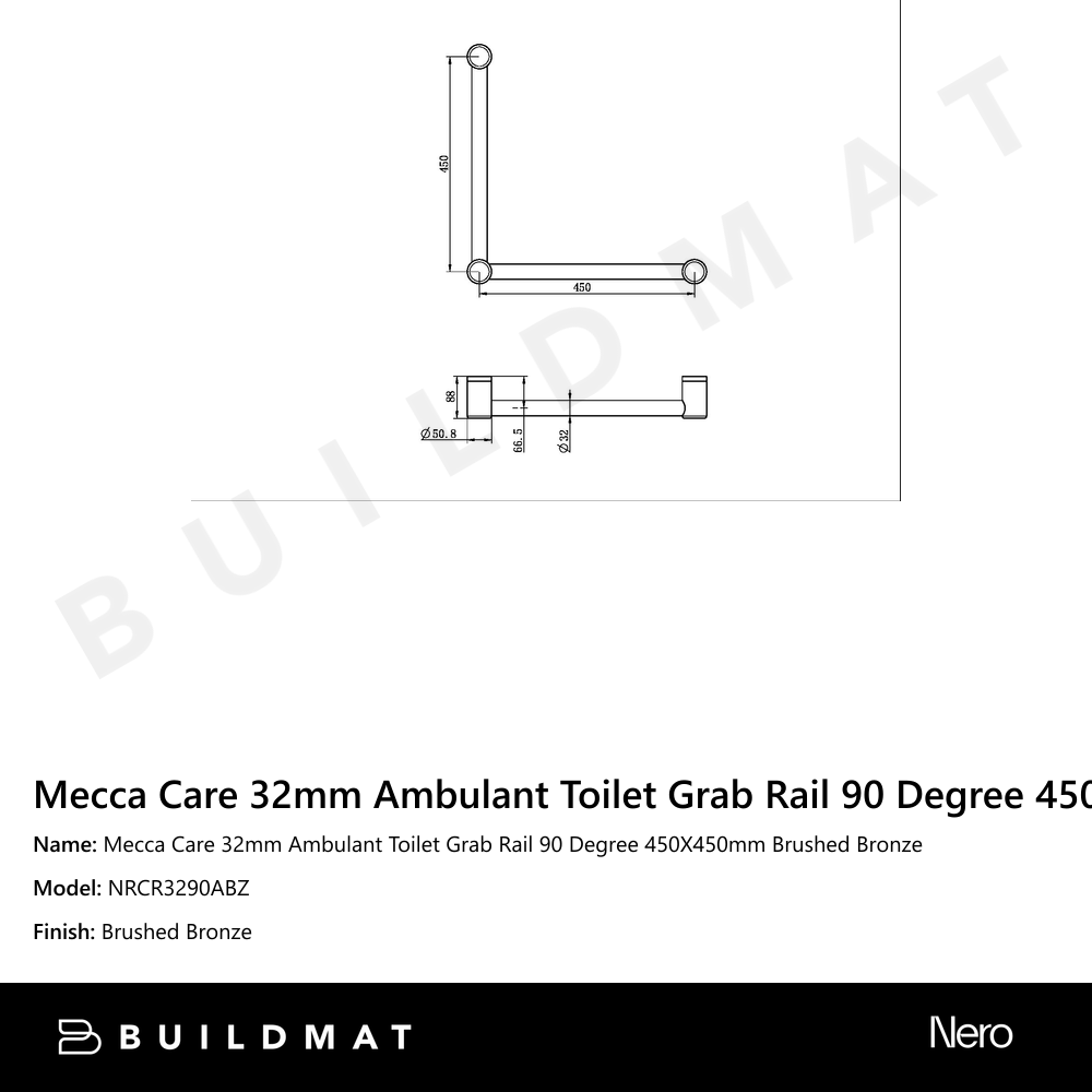 Mecca Care 32mm Ambulant Toilet Grab Rail 90 Degree 450X450mm Brushed Bronze