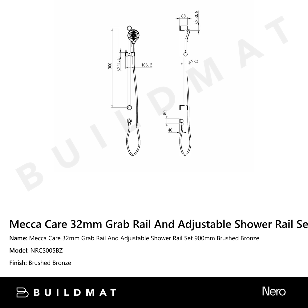 Mecca Care 32mm Grab Rail And Adjustable Shower Rail Set 900mm Brushed Bronze