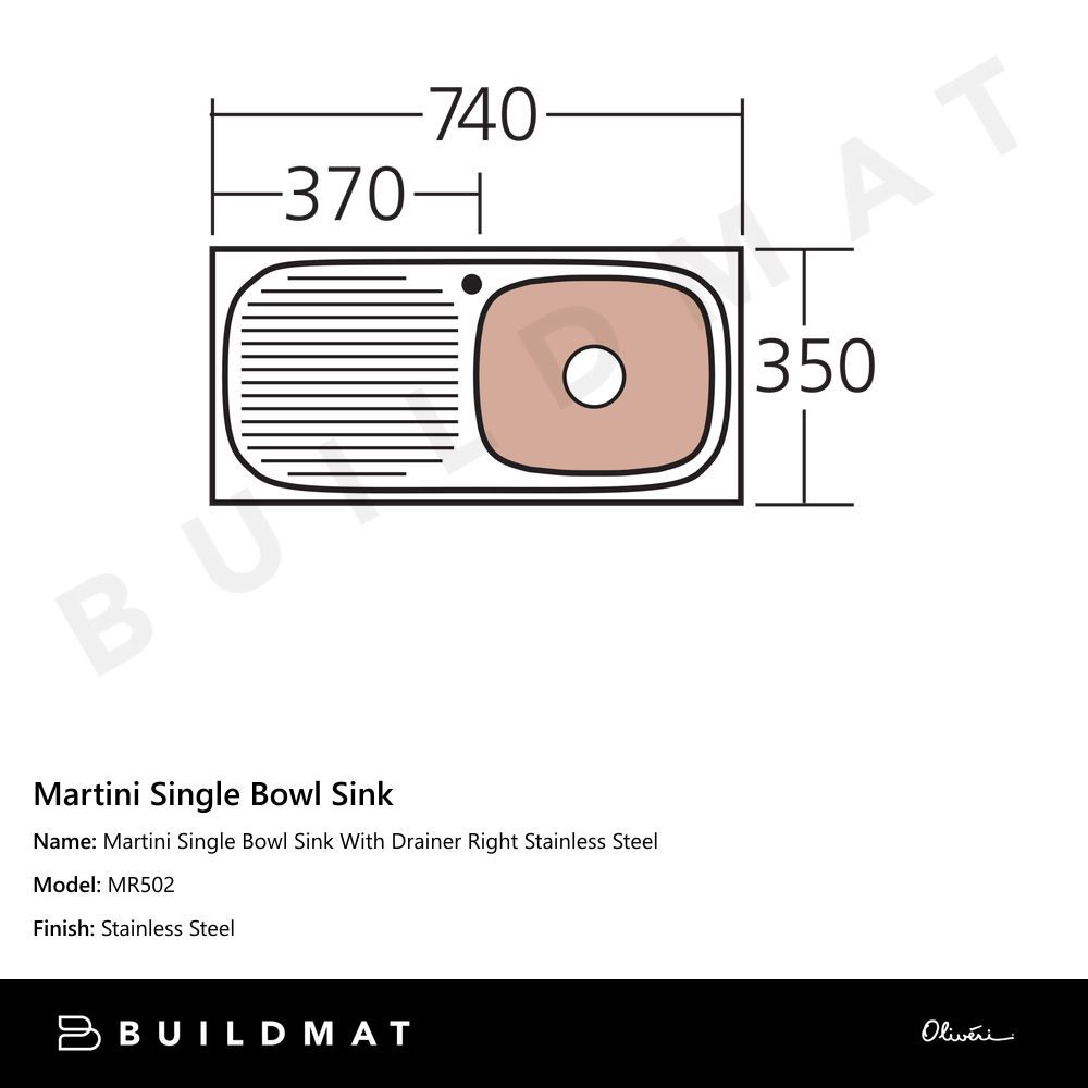 Martini Single Bowl Sink With Drainer Right Stainless Steel