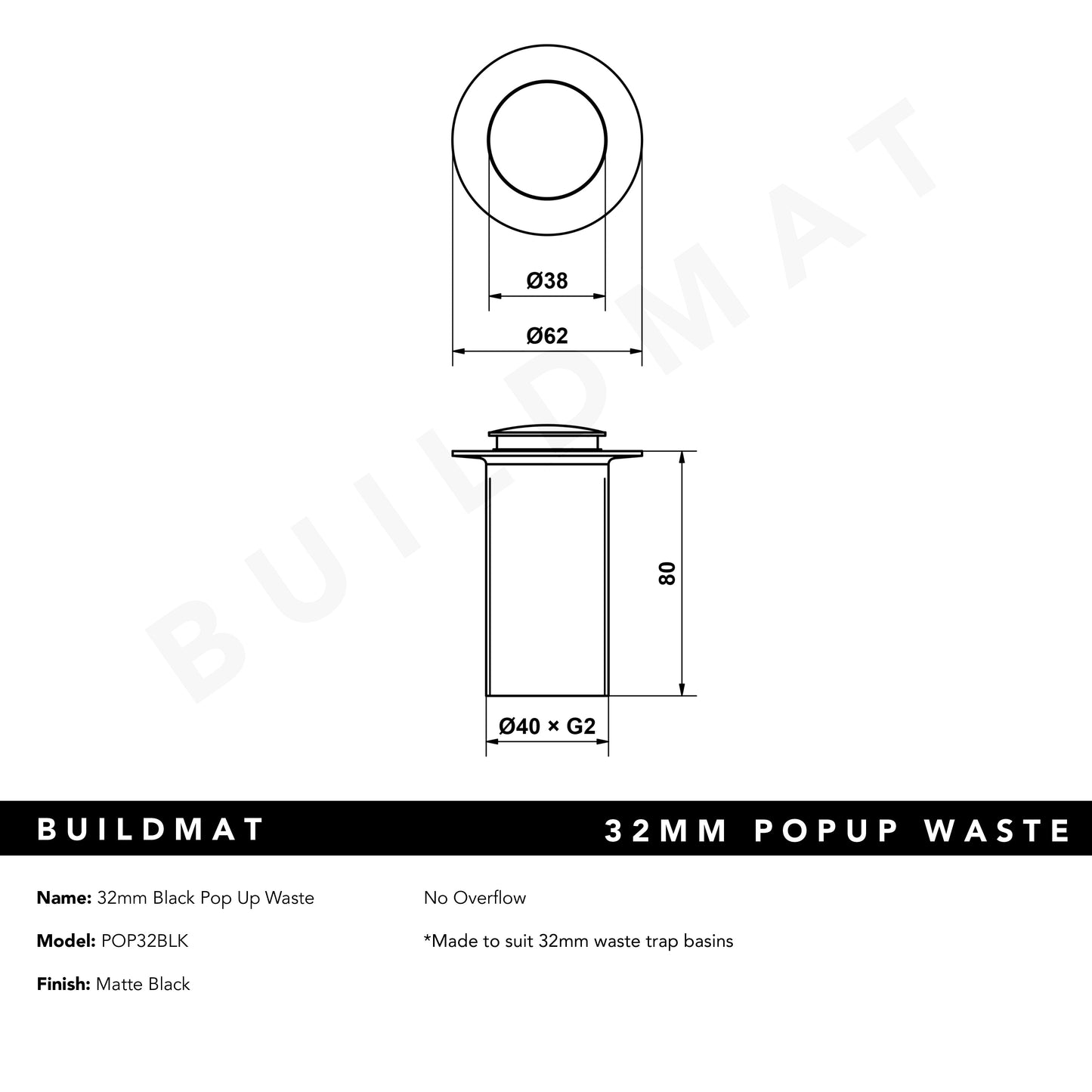 32mm Black Pop Up Waste