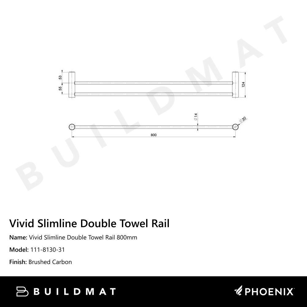 Vivid Slimline Double Towel Rail 800mm Brushed Carbon