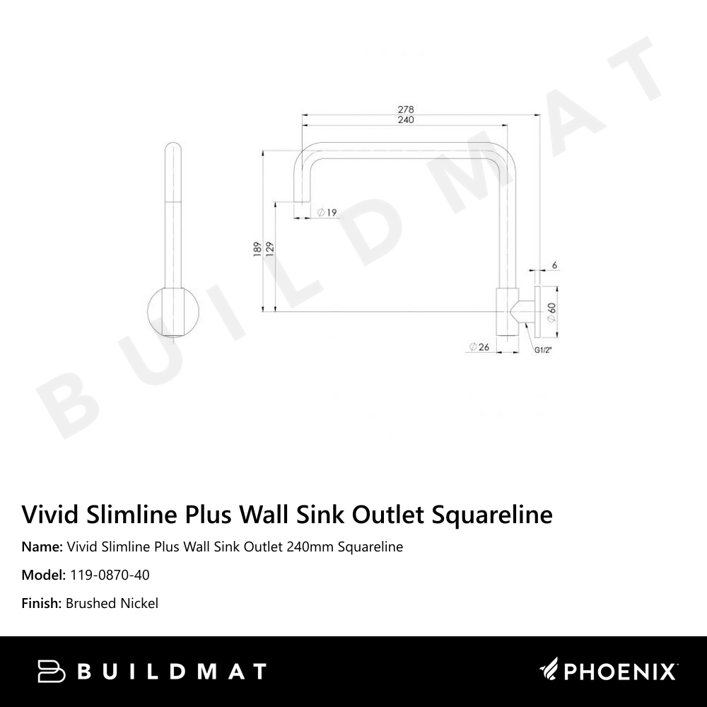 Vivid Slimline Plus Wall Sink Outlet 240mm Squareline Brushed Nickel
