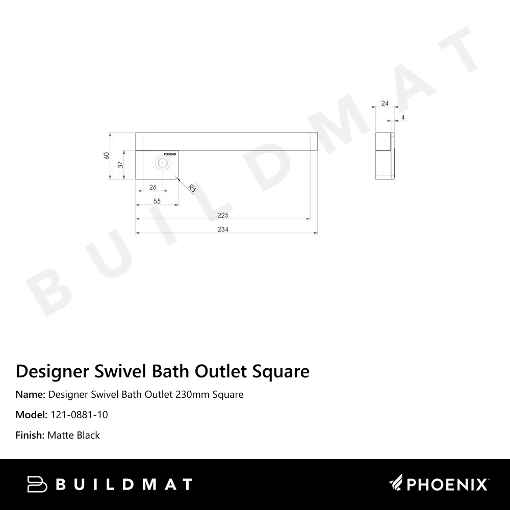 Designer Swivel Bath Outlet 230mm Square Matte Black