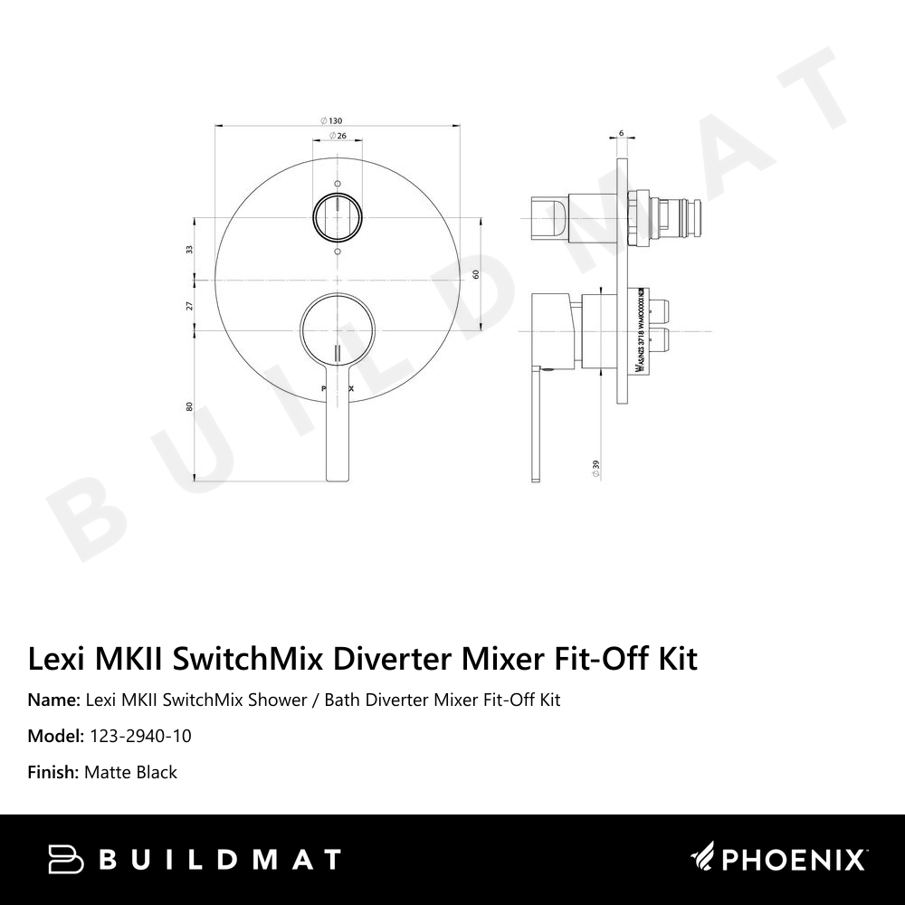 Lexi MKII SwitchMix Shower / Bath Diverter Mixer Fit-Off Kit Matte Black