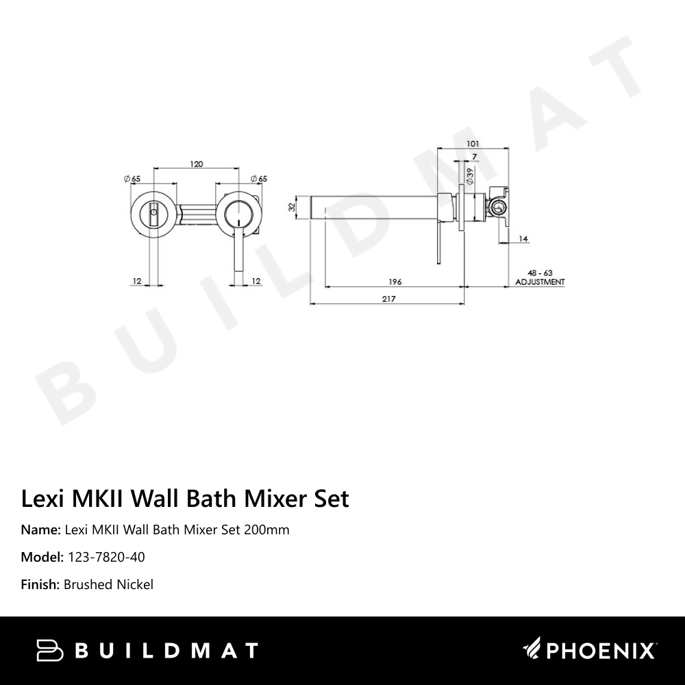 Lexi MKII Wall Bath Mixer Set 200mm Brushed Nickel