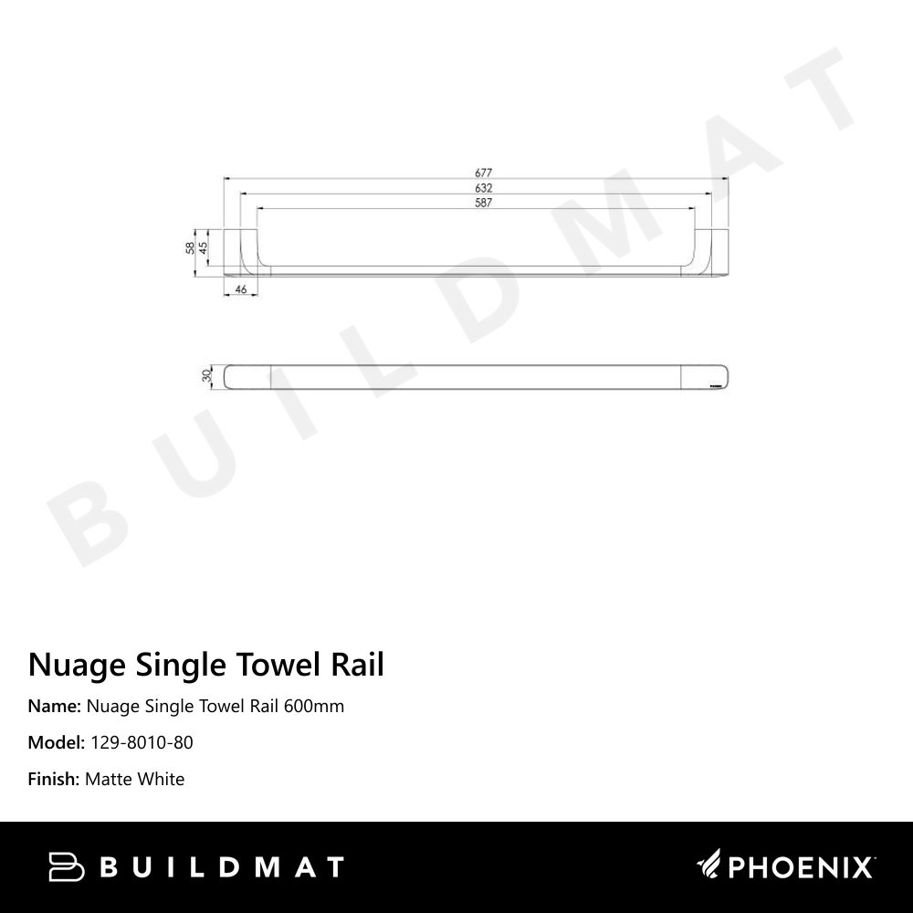 Nuage Single Towel Rail 600mm Matte White