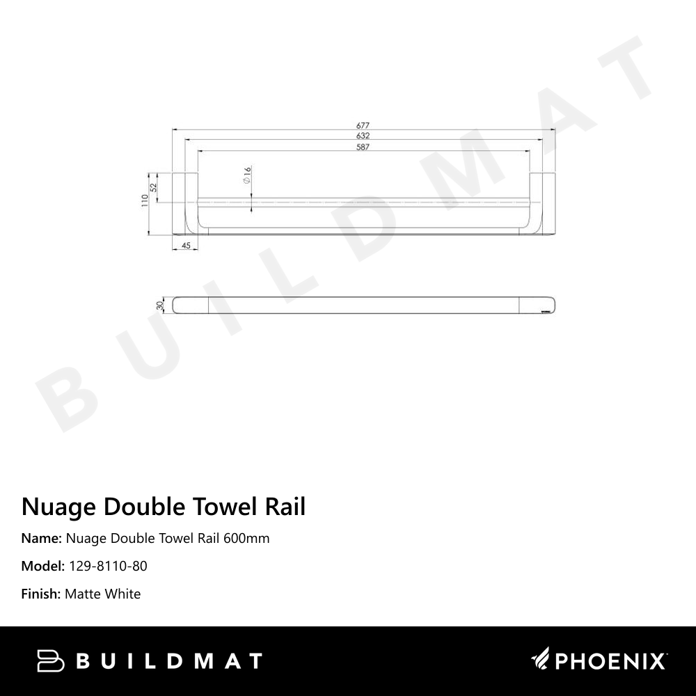 Nuage Double Towel Rail 600mm Matte White