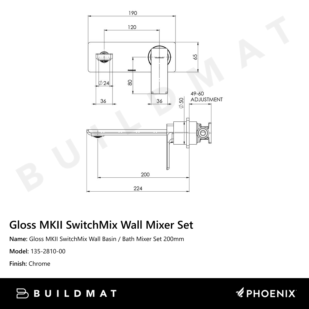 Gloss MKII SwitchMix Wall Basin / Bath Mixer Set 200mm Chrome