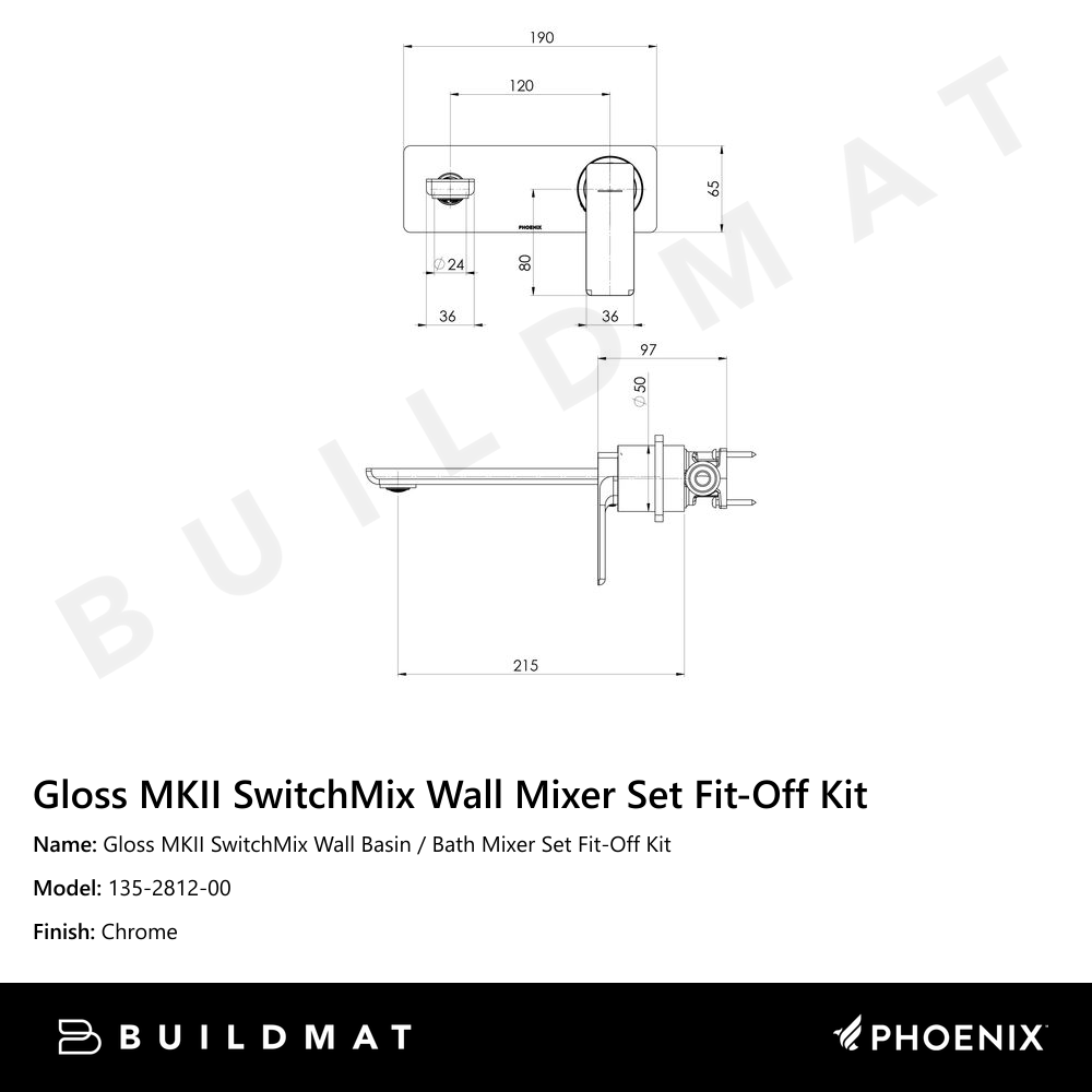 Gloss MKII SwitchMix Wall Basin / Bath Mixer Set 200mm Fit-Off Kit Chrome