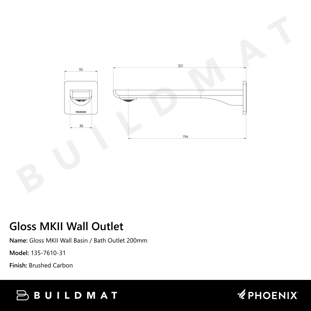 Gloss MKII Wall Basin / Bath Outlet 200mm Brushed Carbon