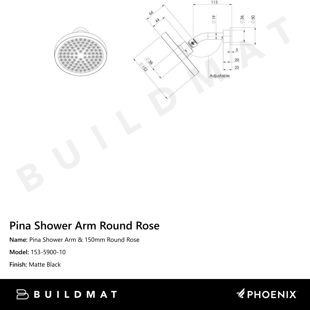 Pina Shower Arm & 150mm Round Rose Matte Black