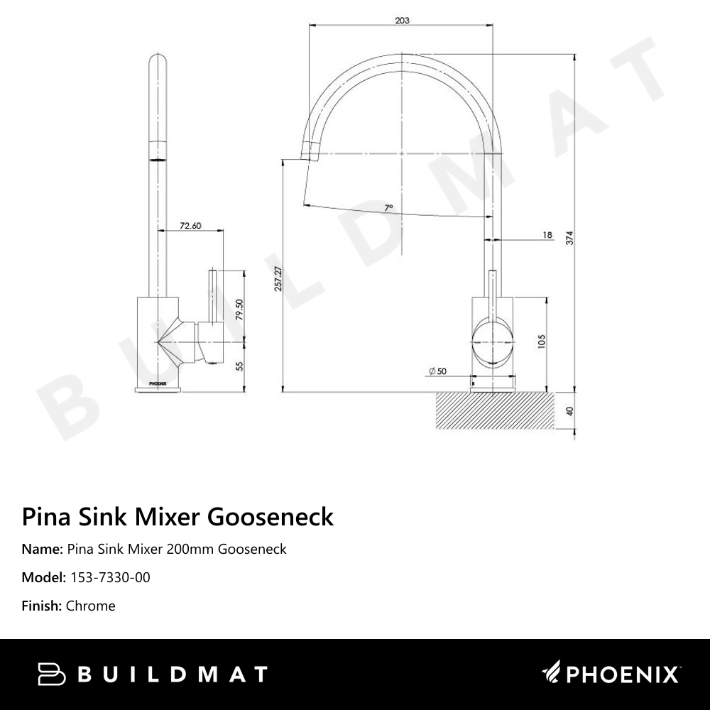 Pina Sink Mixer 200mm Gooseneck Chrome