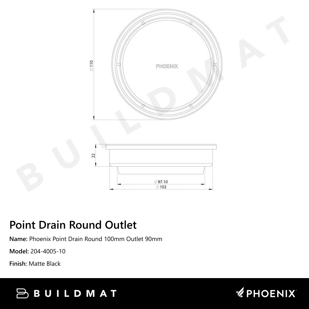 Phoenix Point Drain Round 100mm Outlet 90mm Matte Black