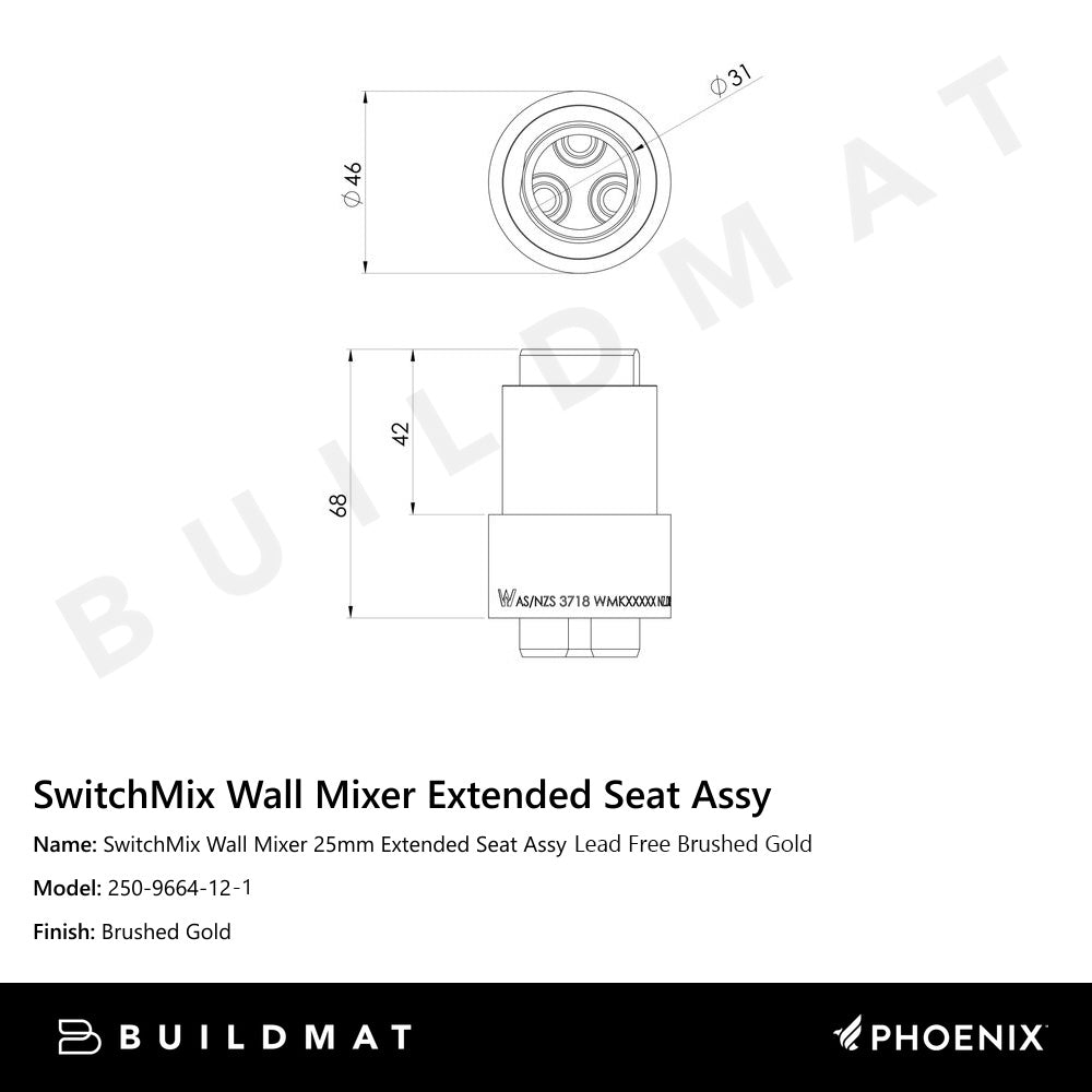 SwitchMix Wall Mixer 25mm Extended Seat Assy Lead Free Brushed Gold