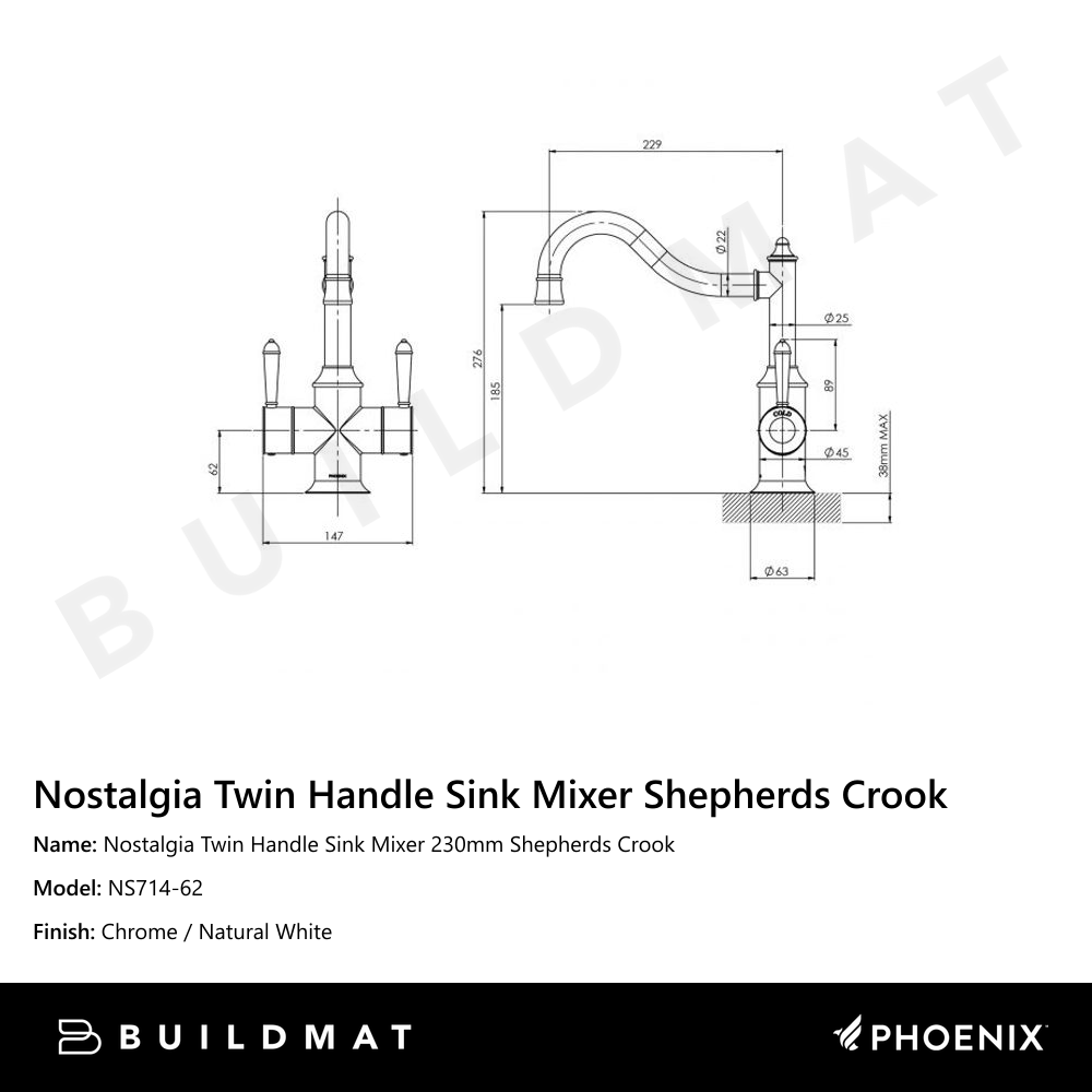 Nostalgia Twin Handle Sink Mixer 230mm Shepherds Crook Chrome White