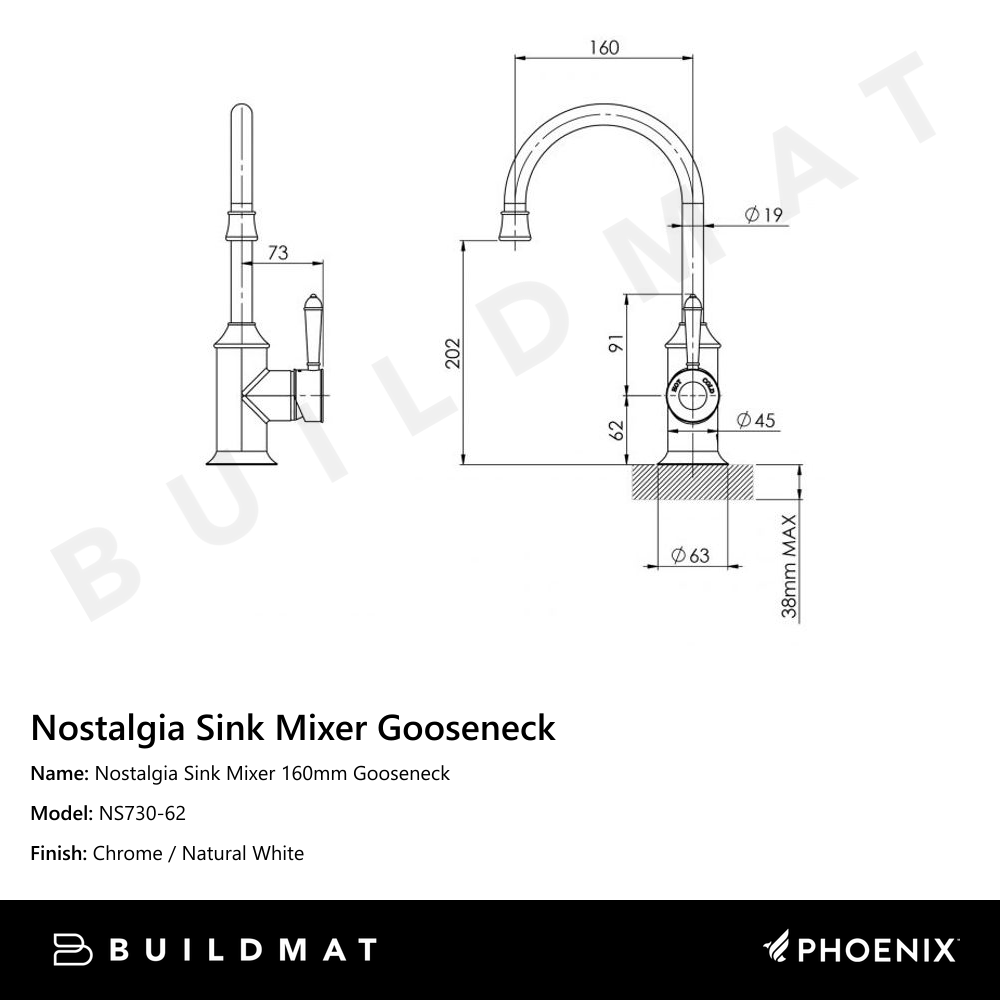 Nostalgia Sink Mixer 160mm Gooseneck Chrome White