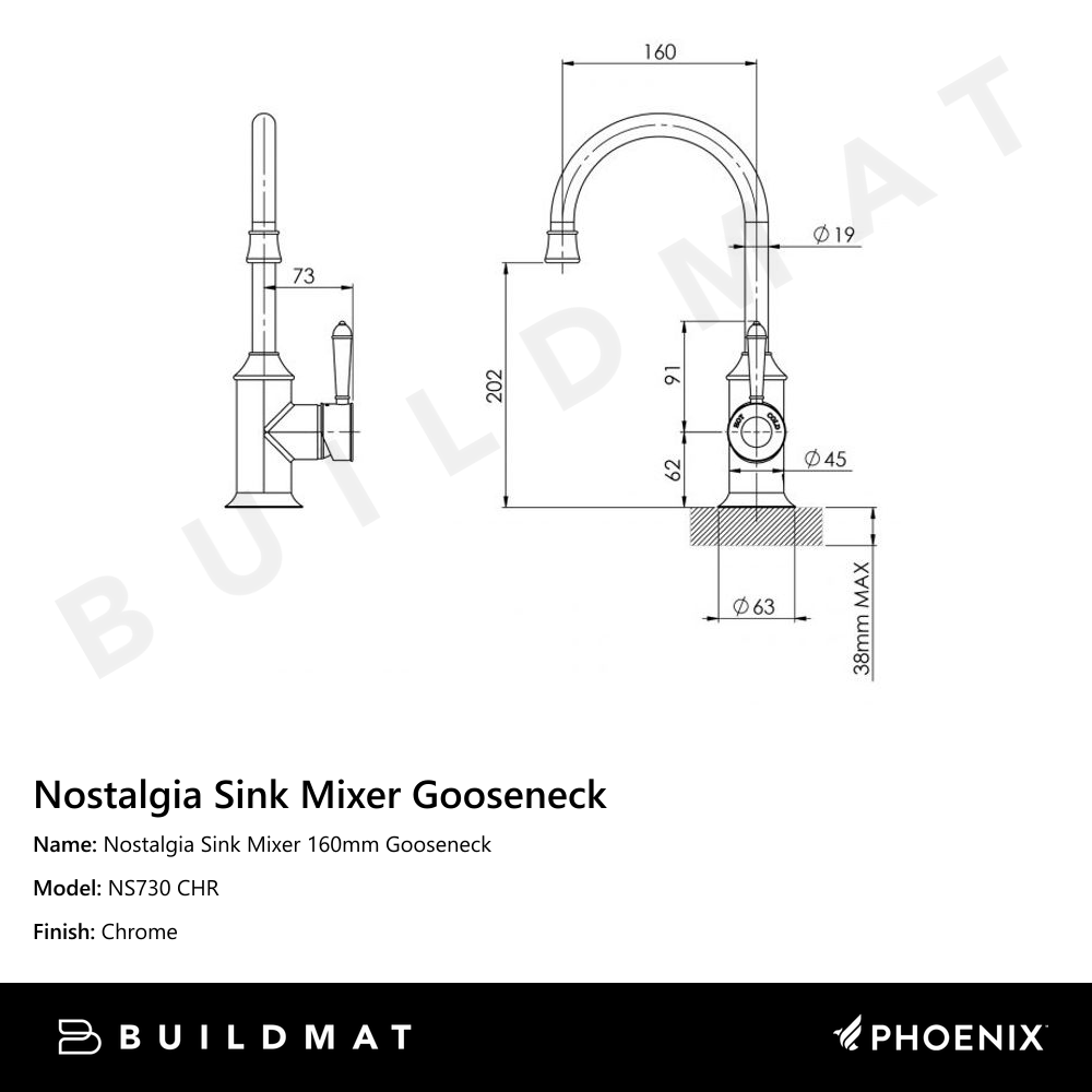 Nostalgia Sink Mixer 160mm Gooseneck Chrome