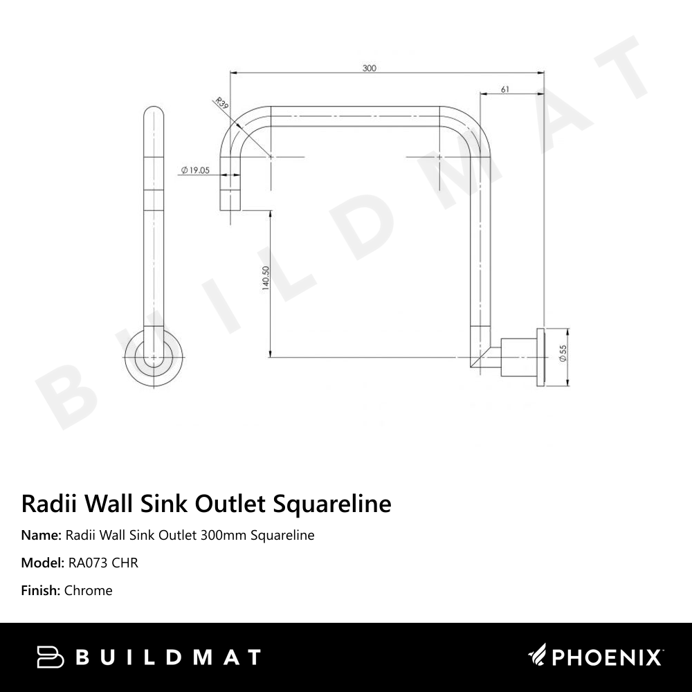 Radii Wall Sink Outlet 300mm Squareline Chrome