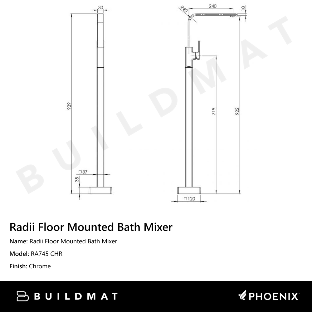 Radii Floor Mounted Bath Mixer Chrome