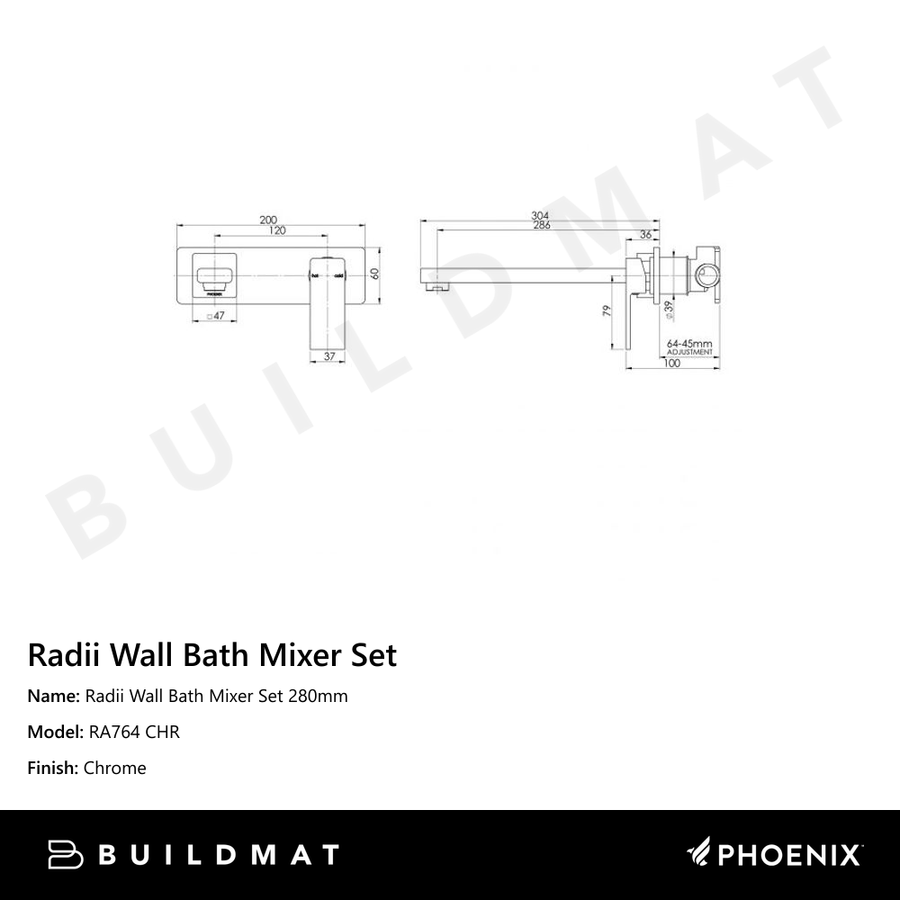 Radii Wall Bath Mixer Set 280mm Chrome