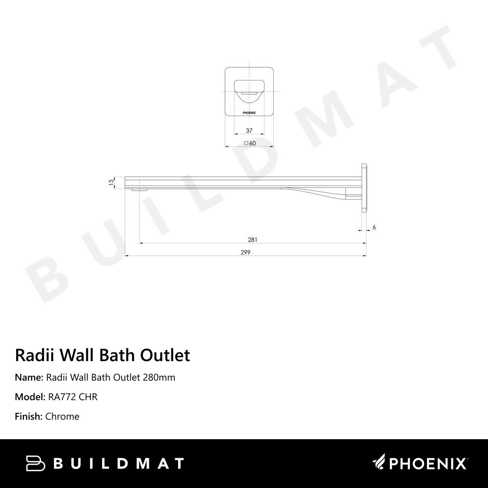 Radii Wall Bath Outlet 280mm Chrome