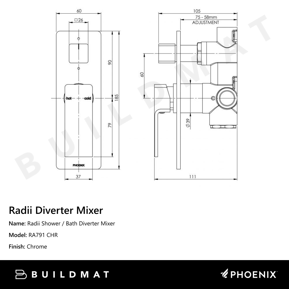 Radii Shower / Bath Diverter Mixer Chrome