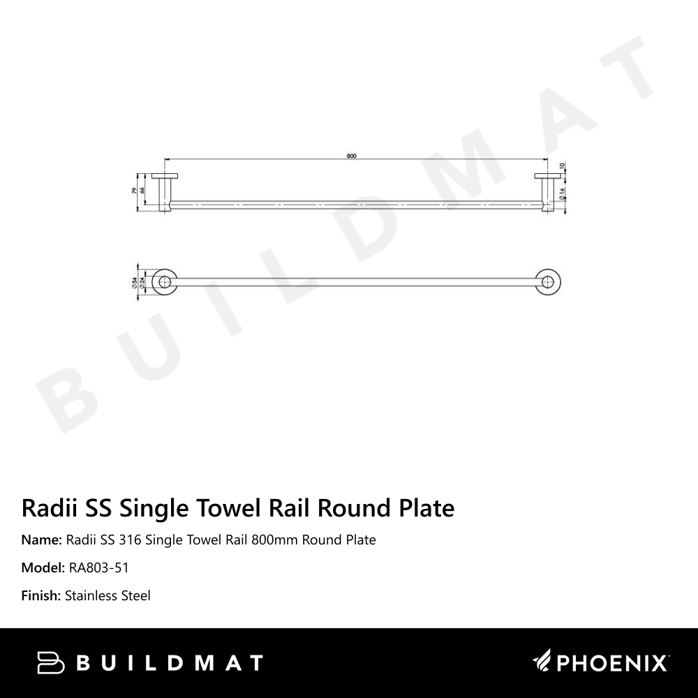 Radii SS 316 Single Towel Rail Round Plate 800mm Stainless Steel