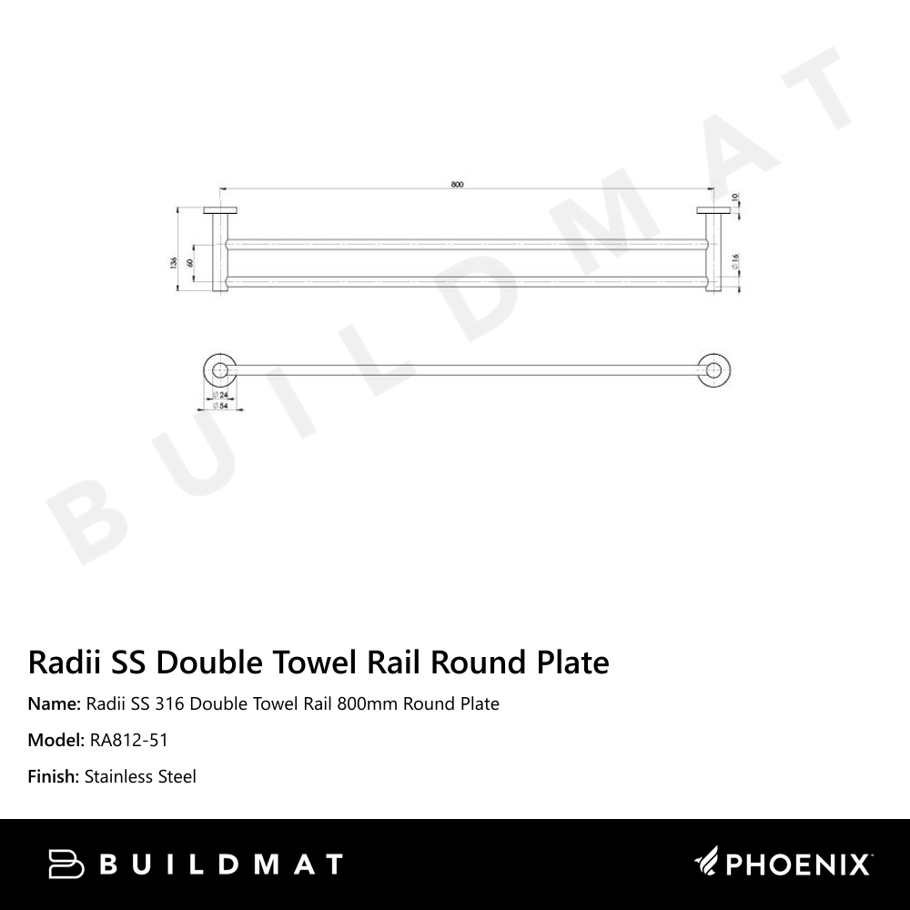 Radii SS 316 Double Towel Rail Round Plate 800mm Stainless Steel