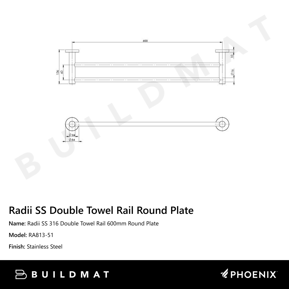 Radii SS 316 Double Towel Rail Round Plate 600mm Stainless Steel