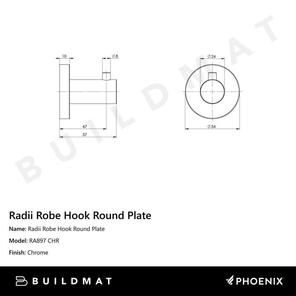 Radii Robe Hook Round Plate Chrome