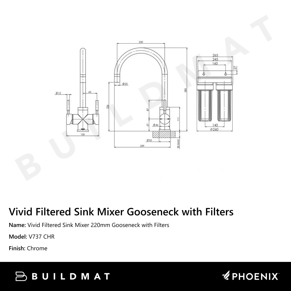 Vivid Filtered Sink Mixer 220mm Gooseneck with Filters Chrome