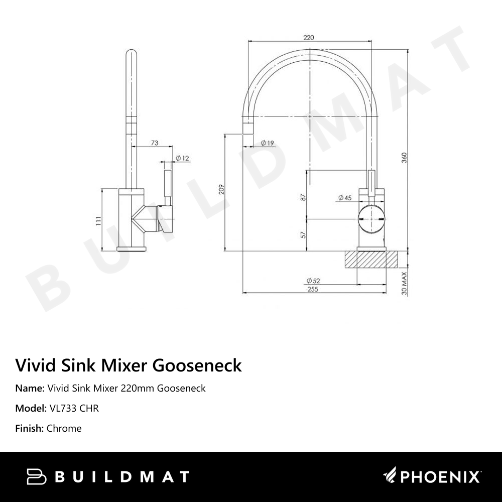 Vivid Sink Mixer 220mm Gooseneck Chrome