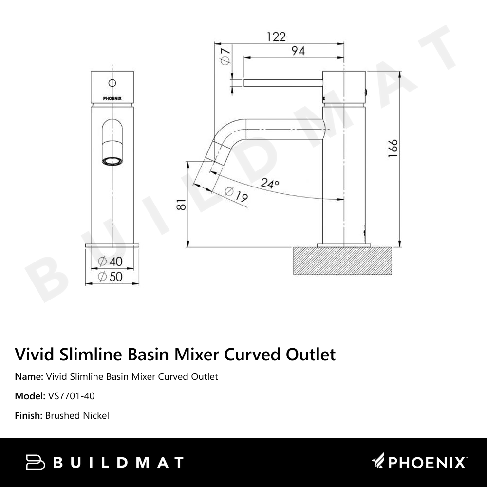 Vivid Slimline Basin Mixer Curved Outlet Brushed Nickel
