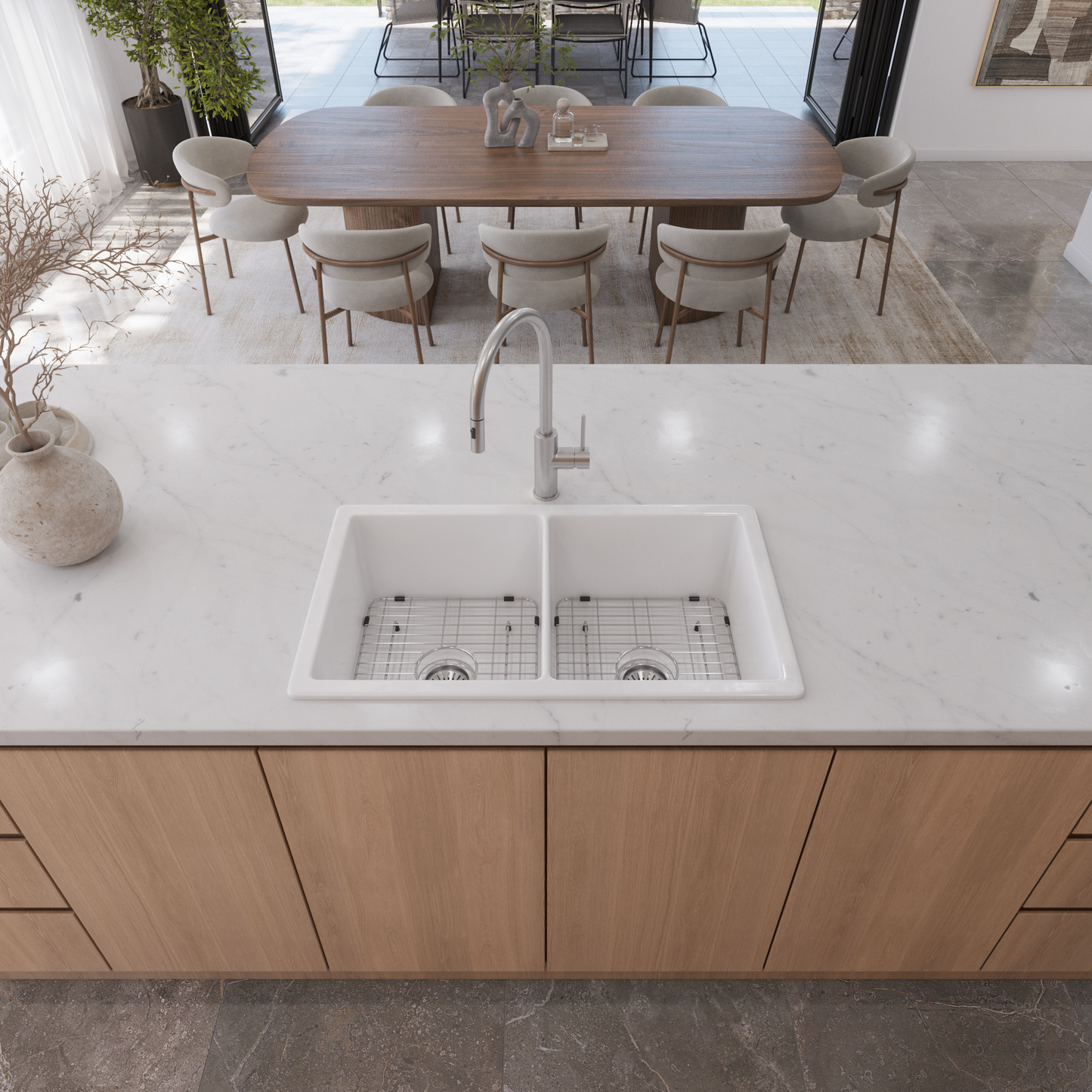 Fleur 813x483 Gloss White Fireclay Double Bowl Sink