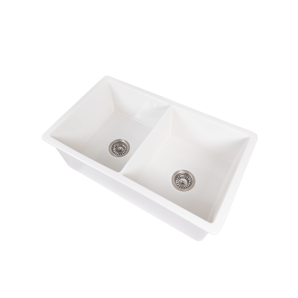 Fleur 813x483 Gloss White Fireclay Double Bowl Sink